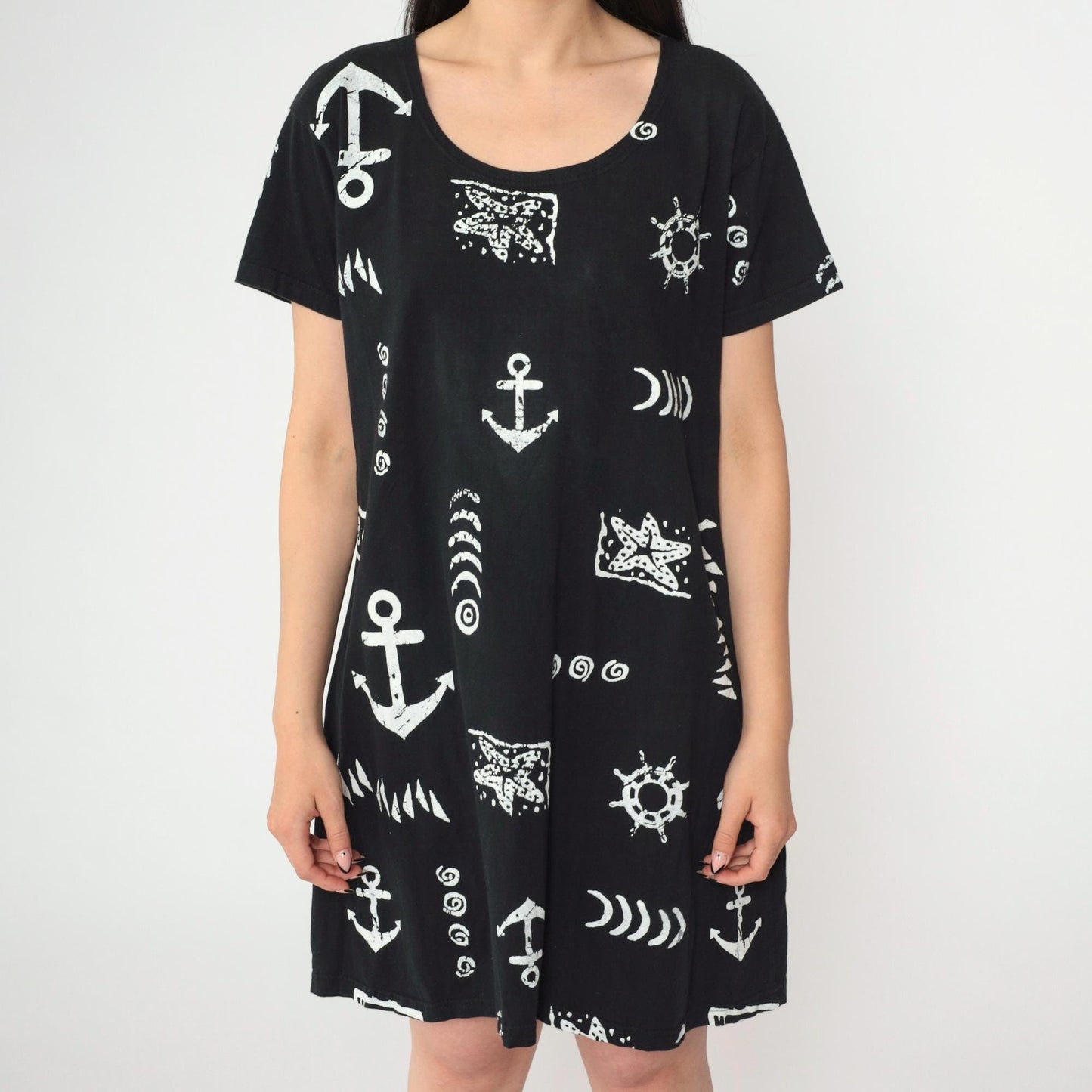 90s Black Nautical Anchor Starfish Print Mini Shift Dress Short Sleeve Medium M