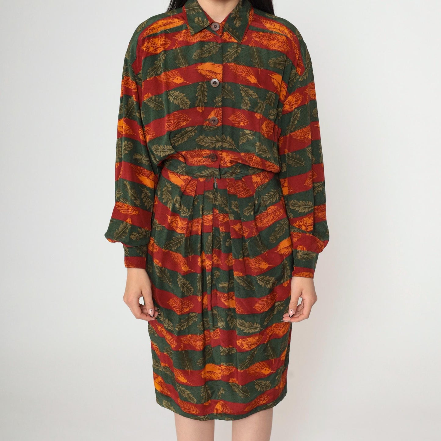 80s Silk Midi Dress Autumn Leaf Print Button-Up Blouson Long Sleeve Red Orange Green Extra Small