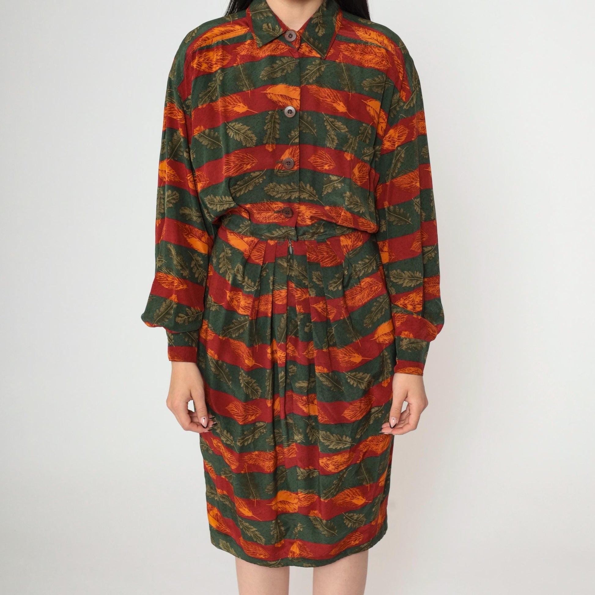 80s Silk Midi Dress Autumn Leaf Print Button-Up Blouson Long Sleeve Red Orange Green Extra Small