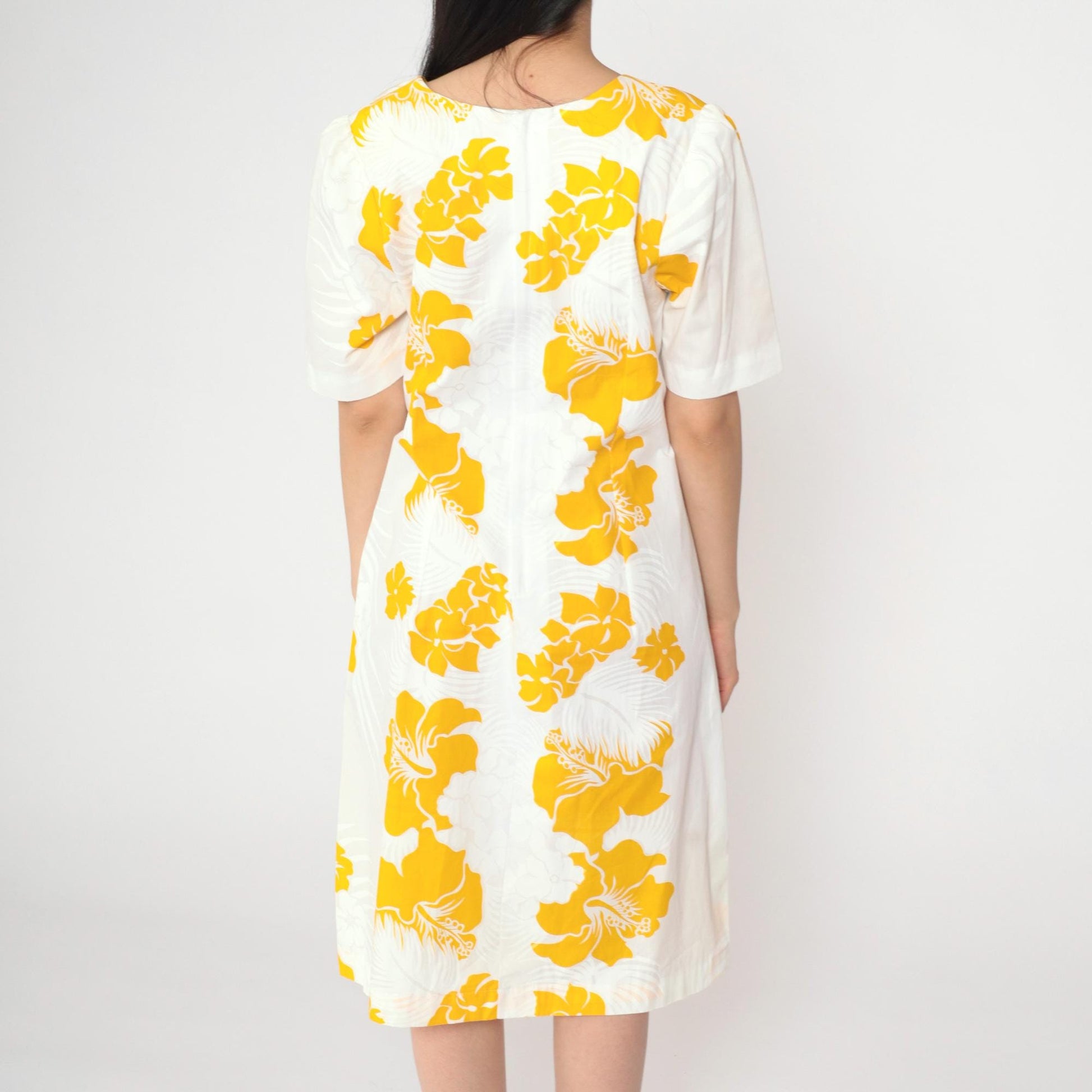 80s Hawaiian Floral Mini Dress White Yellow Tropical Puff Sleeve Small