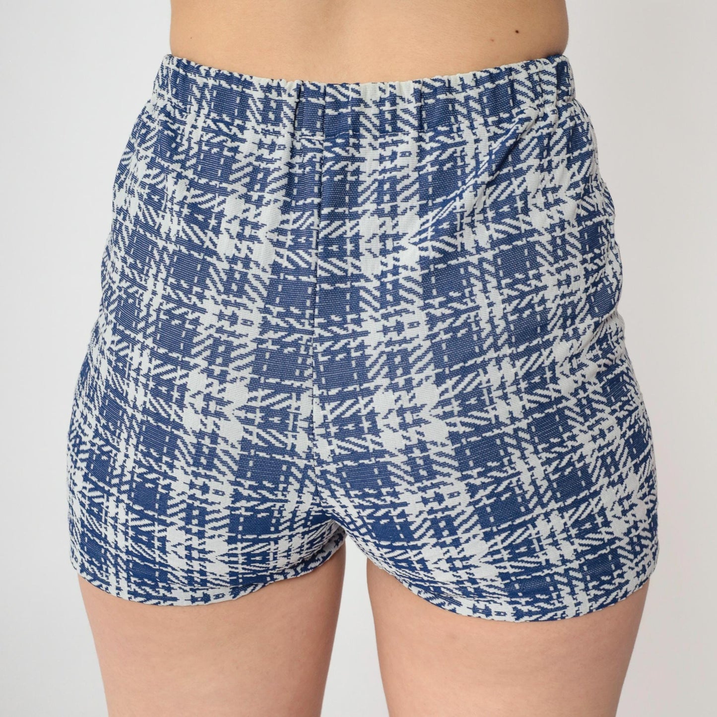 70s Blue Plaid High-Waist Hotpants Elastic Waistband Polyester Shorts XS