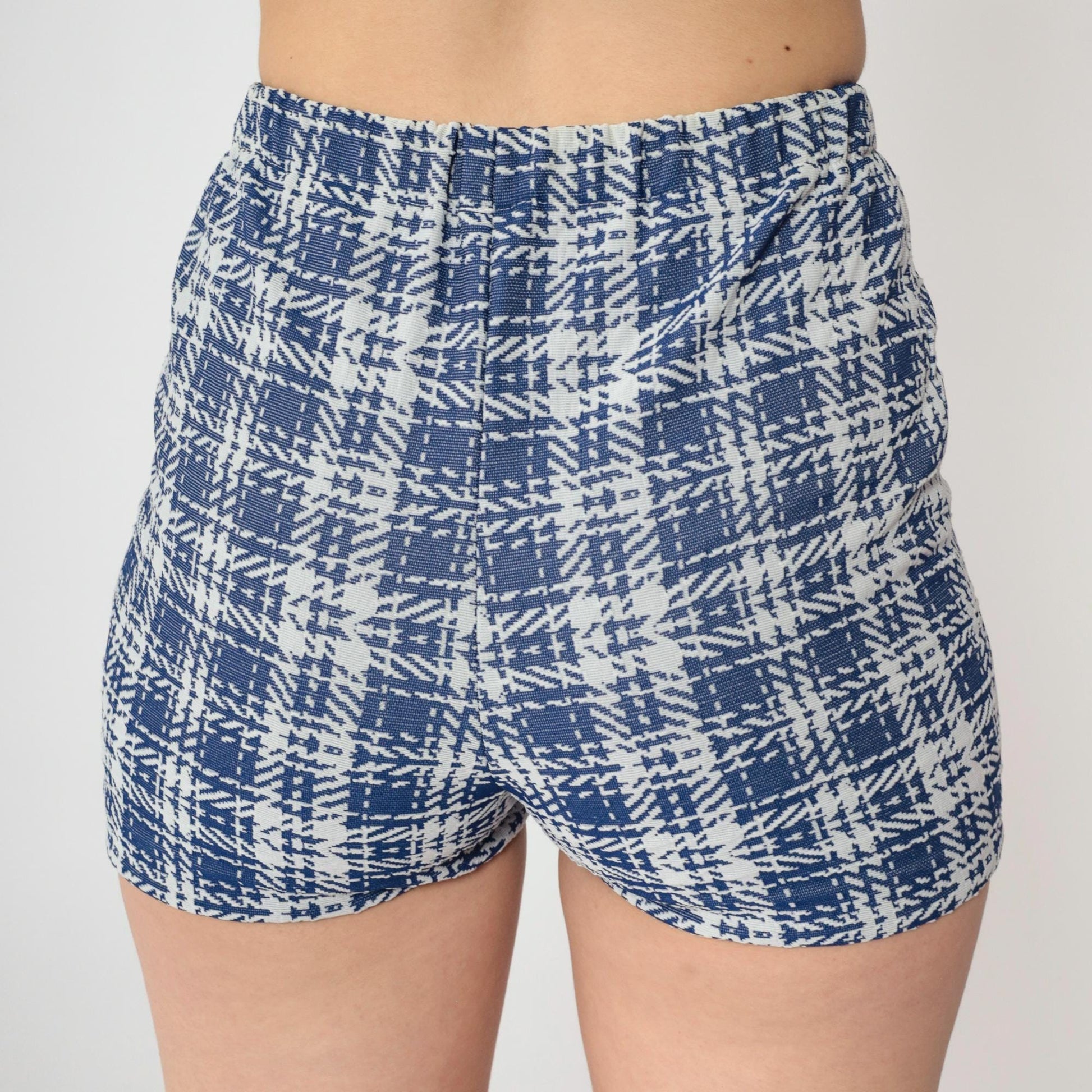 70s Blue Plaid High-Waist Hotpants Elastic Waistband Polyester Shorts XS