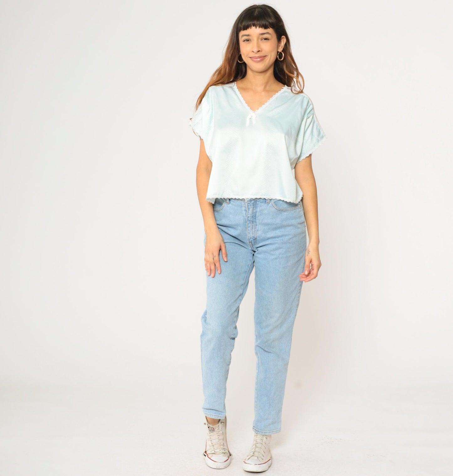 80s Aqua Satin Snakeskin Pajama Top Lace Trim Cropped V-Neck Medium