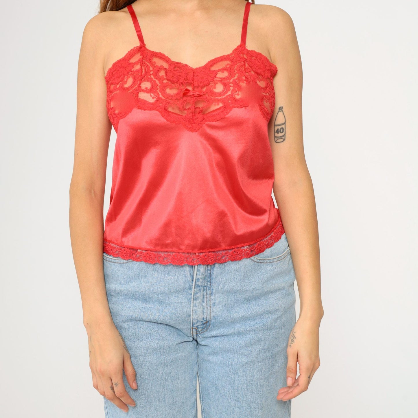 80s Red Satin Camisole Lace Trim Sweetheart Neckline Small S
