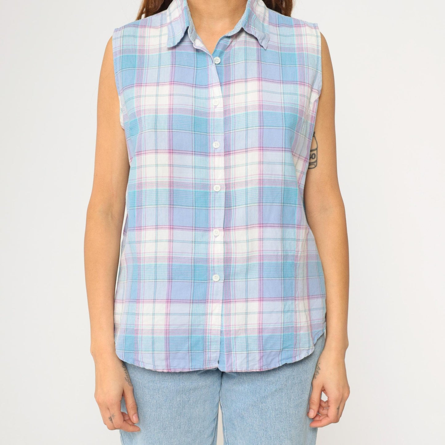 90s Wrangler Blues Plaid Sleeveless Blouse Button-Up Tank Blue White Purple Large L