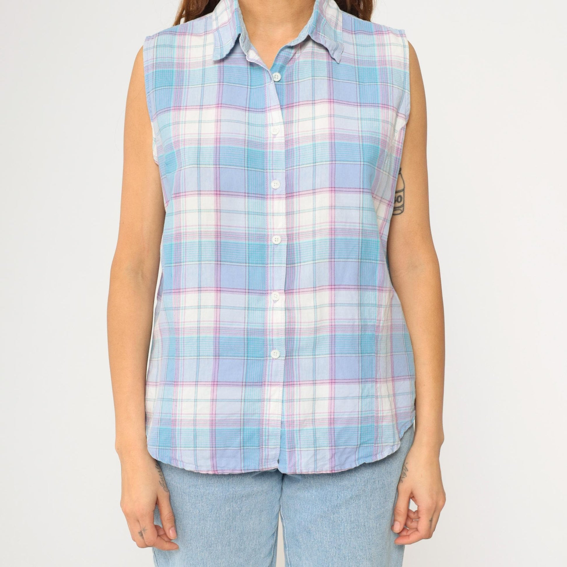 90s Wrangler Blues Plaid Sleeveless Blouse Button-Up Tank Blue White Purple Large L