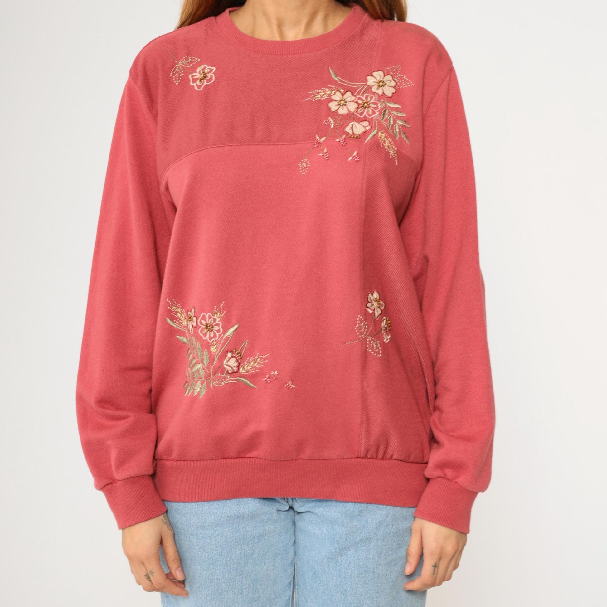 Y2K Alfred Dunner Floral Embroidered Sweatshirt Coral Pink Beaded Crewneck Large L