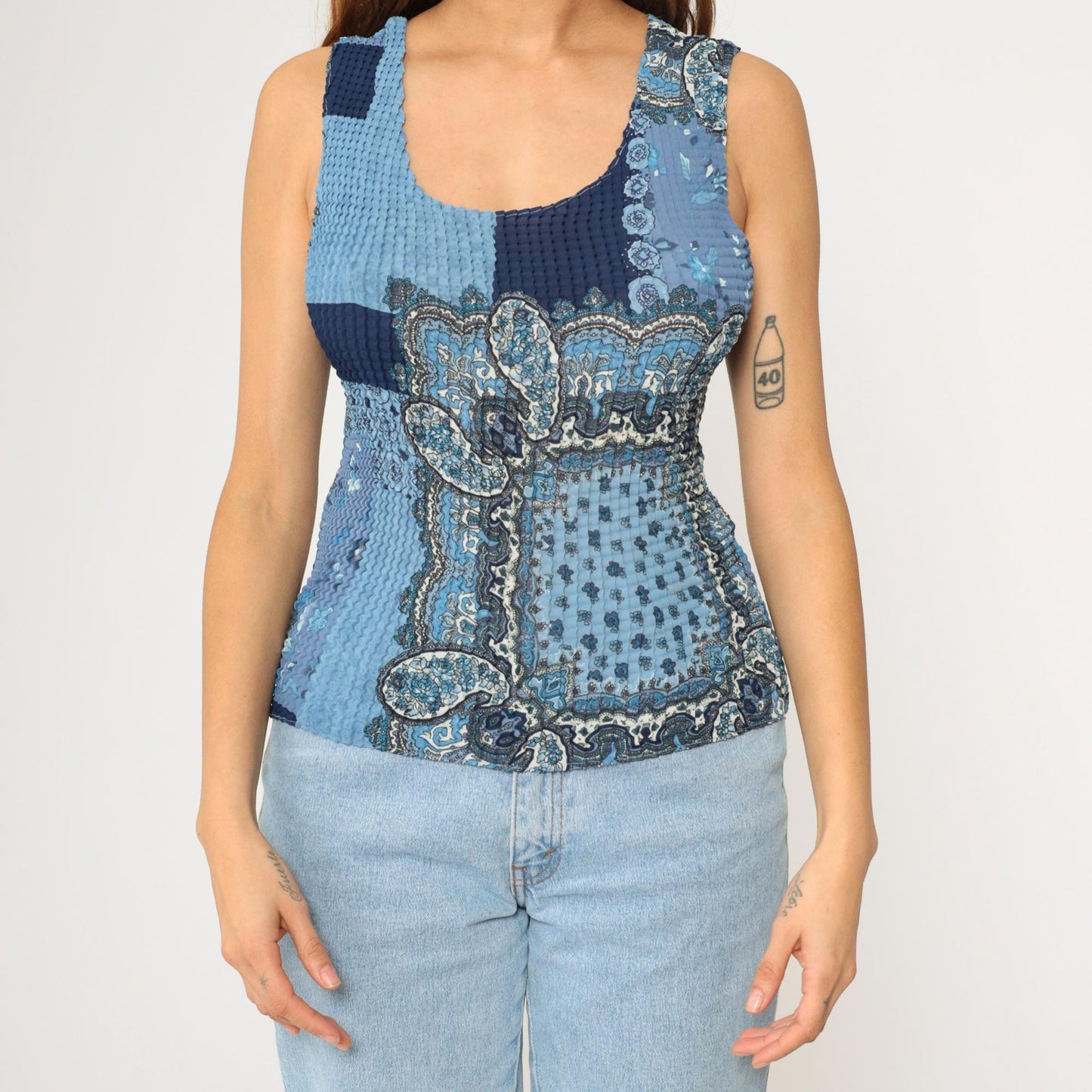 Y2K Paisley Patchwork Tank Top Blue Crinkle Textured Scoop Neck Large L