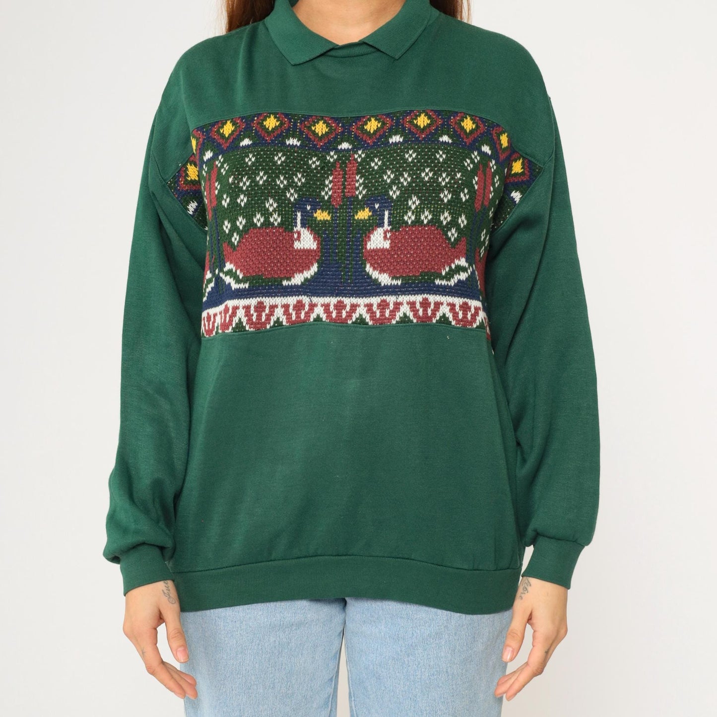 90s Duck Cattails Knit Sweatshirt Dark Green Collared Jumper Small S