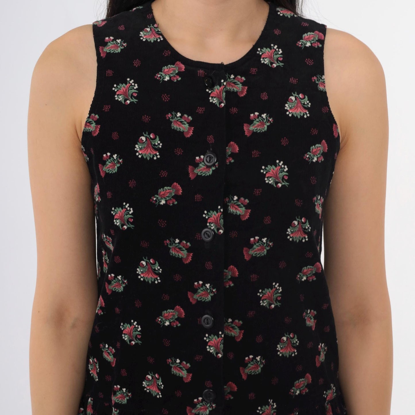 90s Black Corduroy Floral Button-Up Pinafore Midi Dress Extra Small