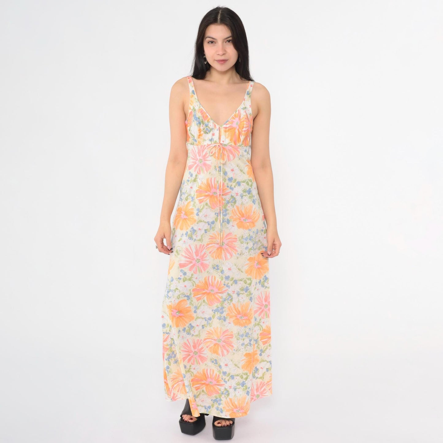 70s Floral Nightgown Maxi Slip Dress White Plunge Neckline Extra Small