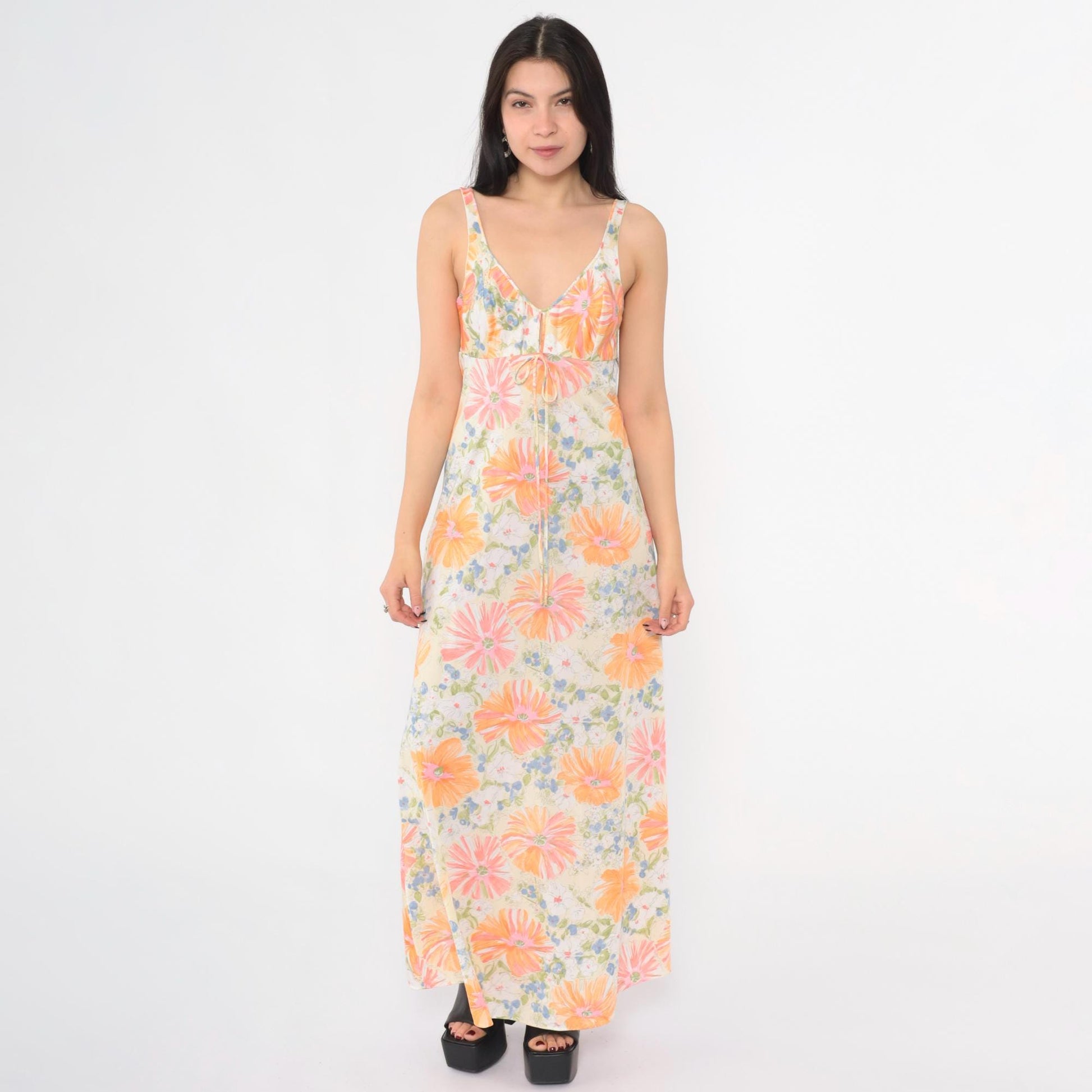 70s Floral Nightgown Maxi Slip Dress White Plunge Neckline Extra Small