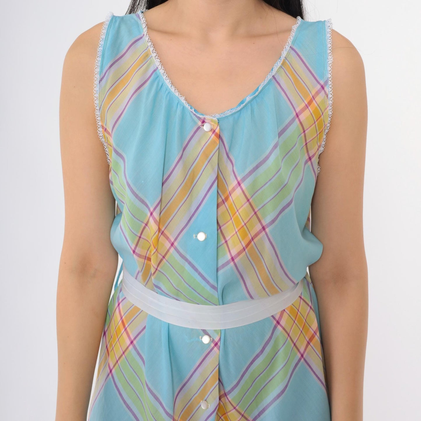 70s Light Blue Plaid Palazzo Jumpsuit Scoop Neck High Waist Medium M