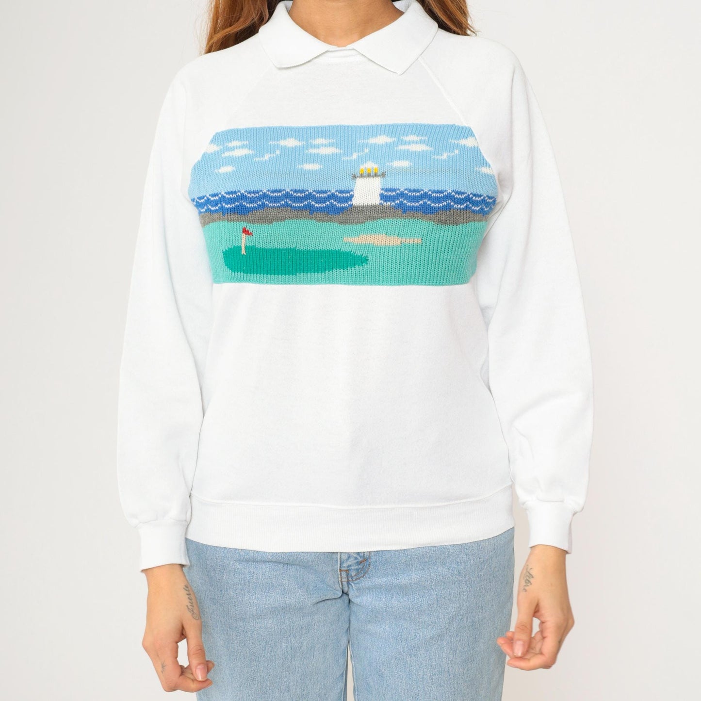 90s Hanes Golf Sweatshirt Lighthouse Scene Knit Panel White Small