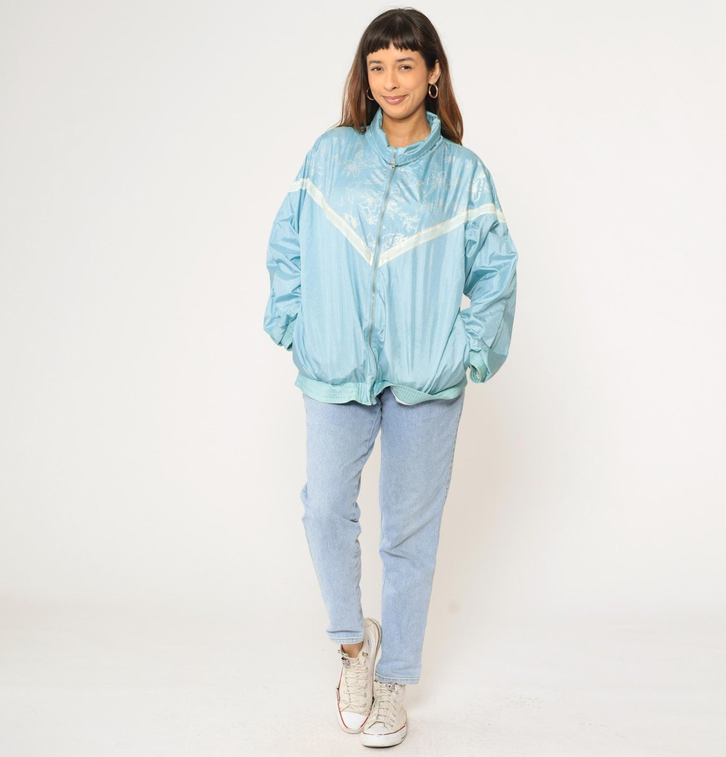90s Forenza Windbreaker Jacket Light Blue Floral Chevron Stripe Nylon Large L