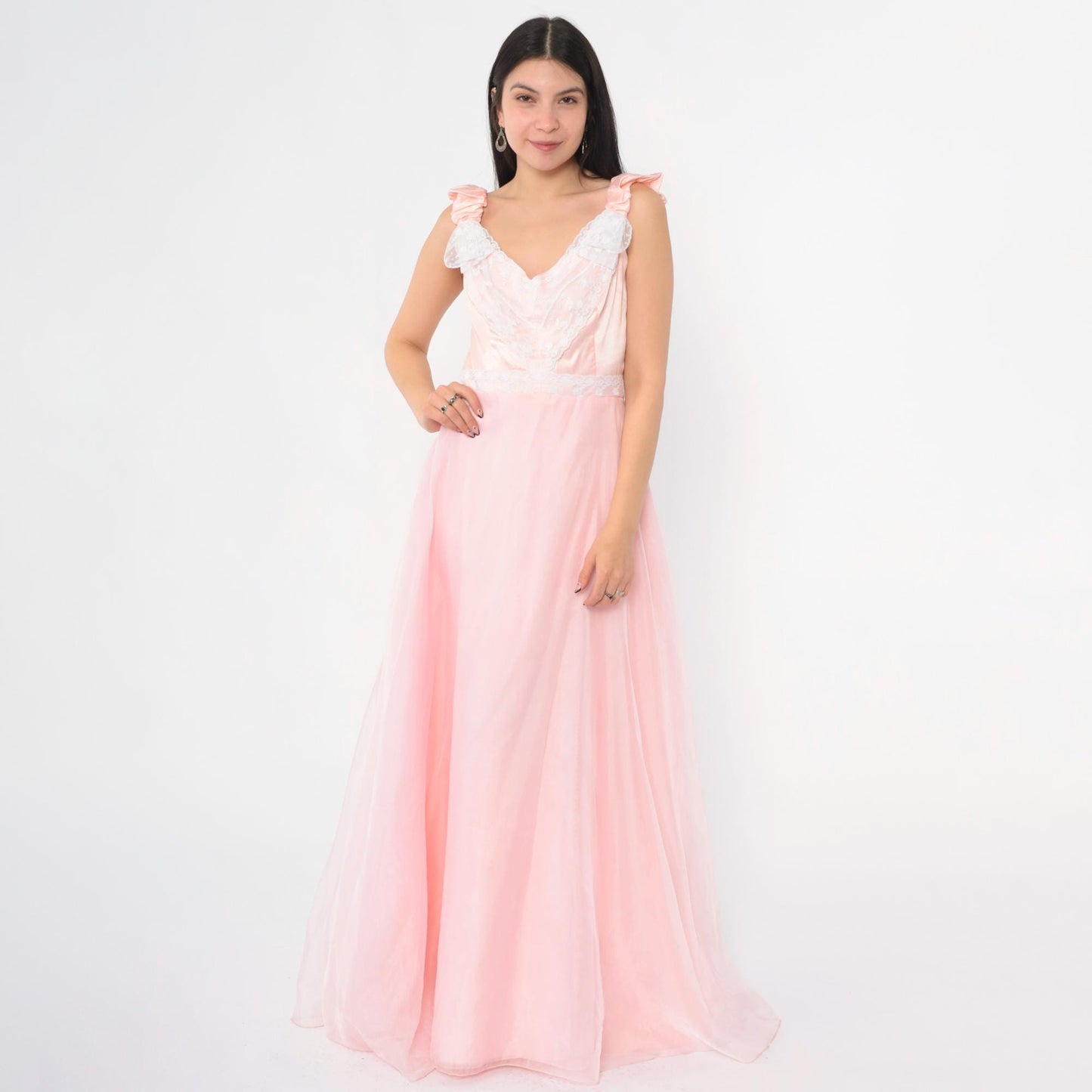 70s Priscilla of Boston Pink Chiffon Maxi Gown Ruched Bow Small