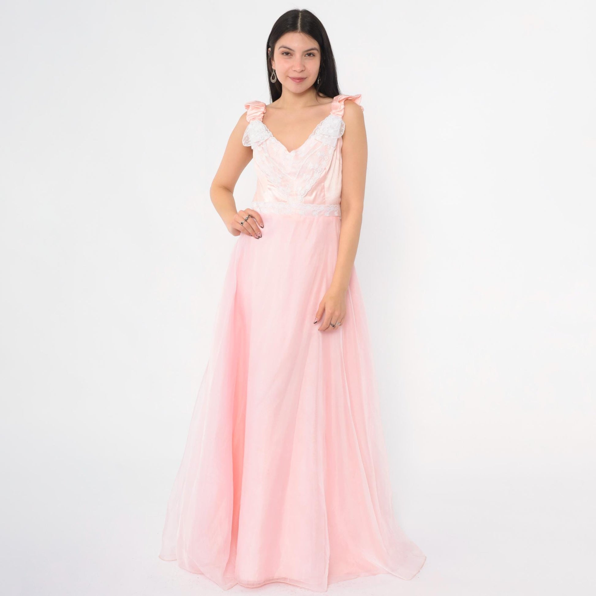 70s Priscilla of Boston Pink Chiffon Maxi Gown Ruched Bow Small