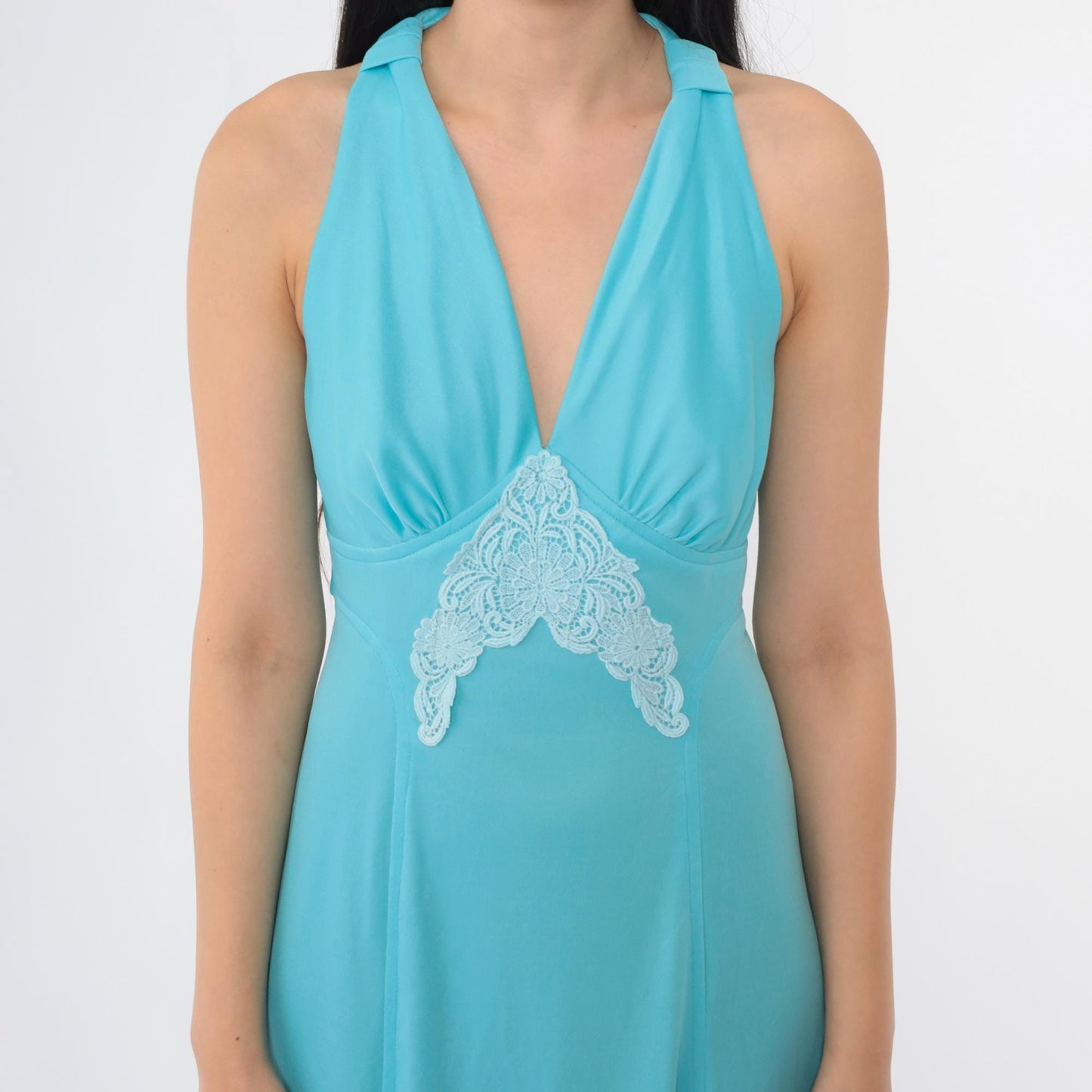 70s Blue Lace Empire Waist Maxi Dress V-Neck Sleeveless Racerback Small