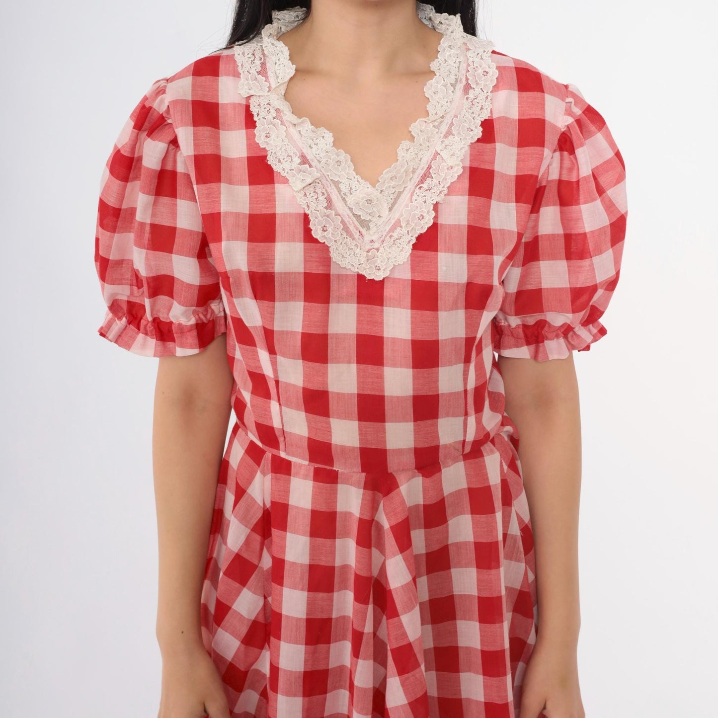 1970s Red Gingham Dress Puff Sleeve V-Neck Fit Flare Knee Length Small S