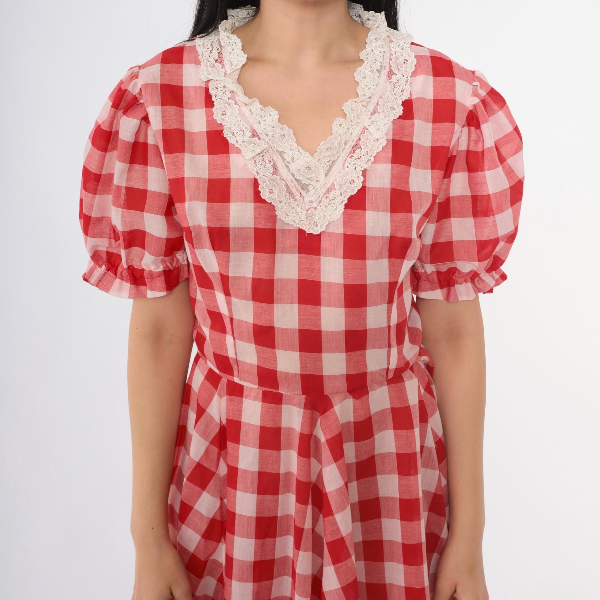 1970s Red Gingham Dress Puff Sleeve V-Neck Fit Flare Knee Length Small S