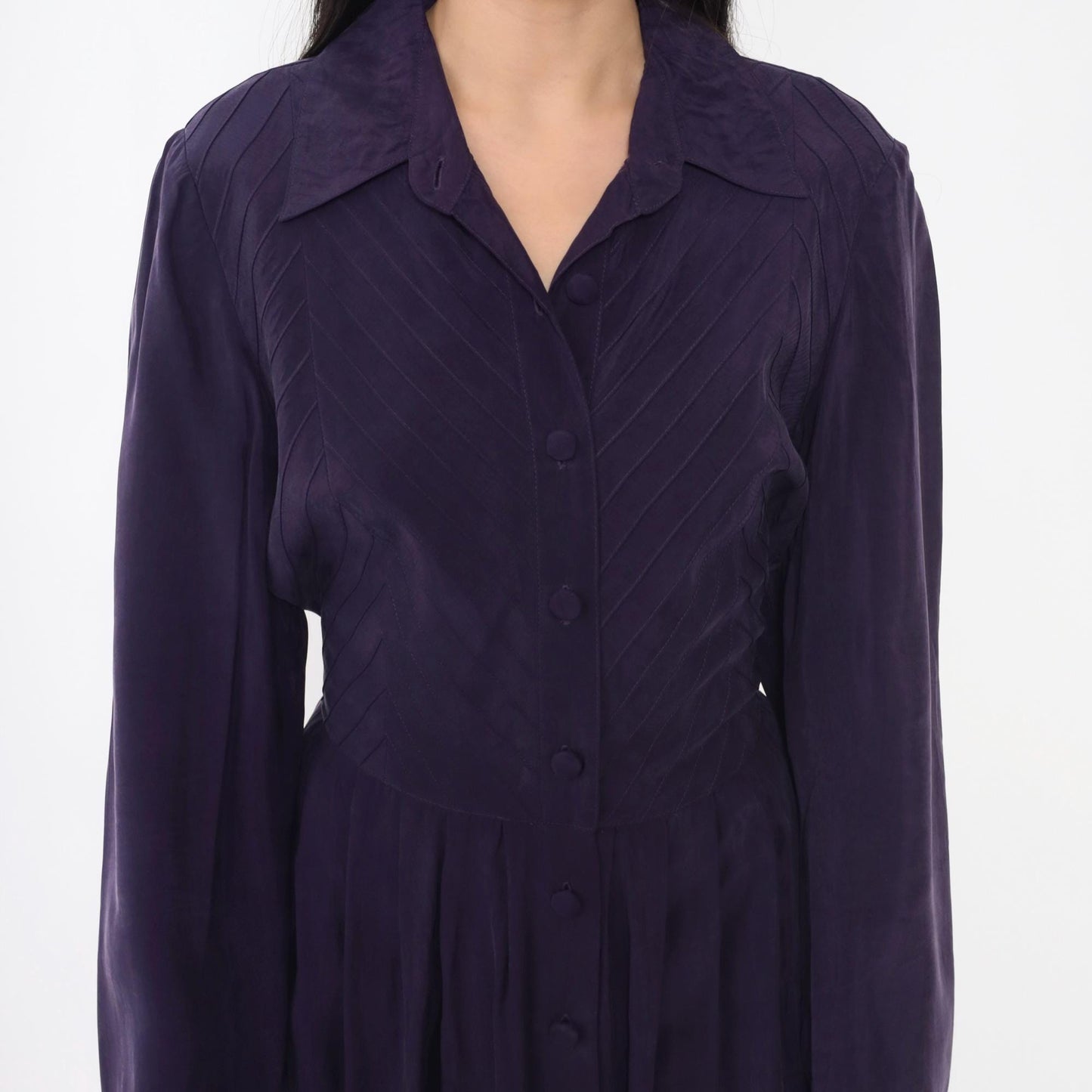 90s Coldwater Creek Purple Maxi Shirtdress Pintuck Collar Long Sleeve Medium M