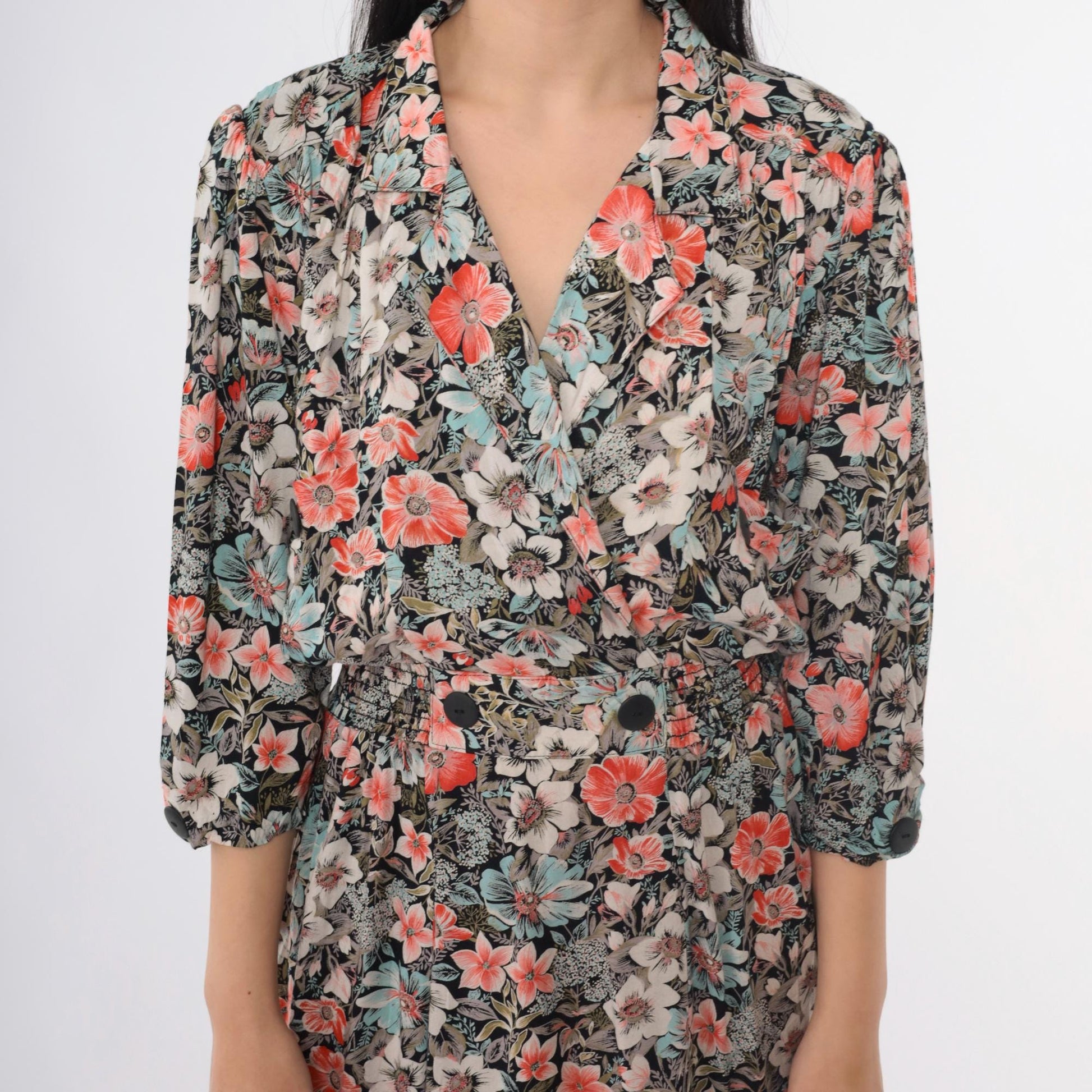 80s John Richard Floral Midi Dress Puff Sleeve V-Neck Elastic Waist Medium