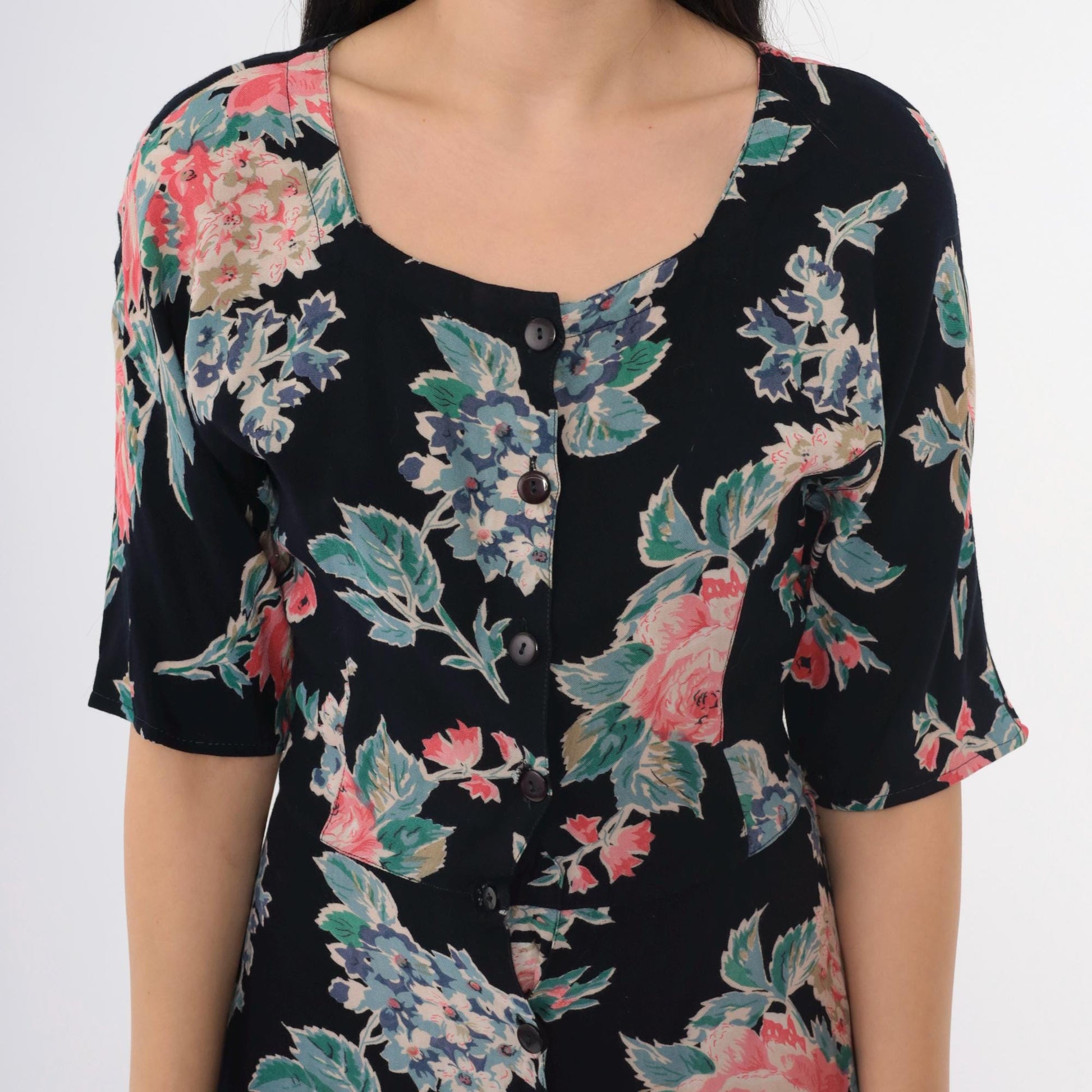 90s Black Floral Midi Dress Button-Up Scoop Neck Short Sleeve Small S