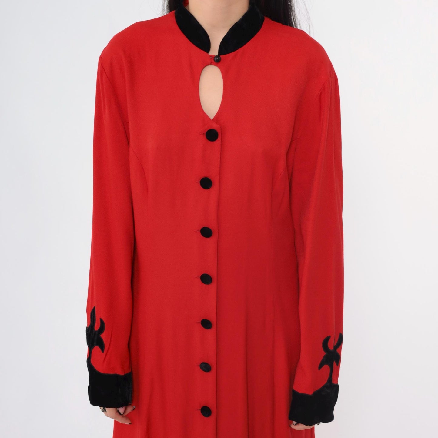 90s Panache Red Velvet Maxi Dress Button-Up Keyhole Mandarin Collar Large