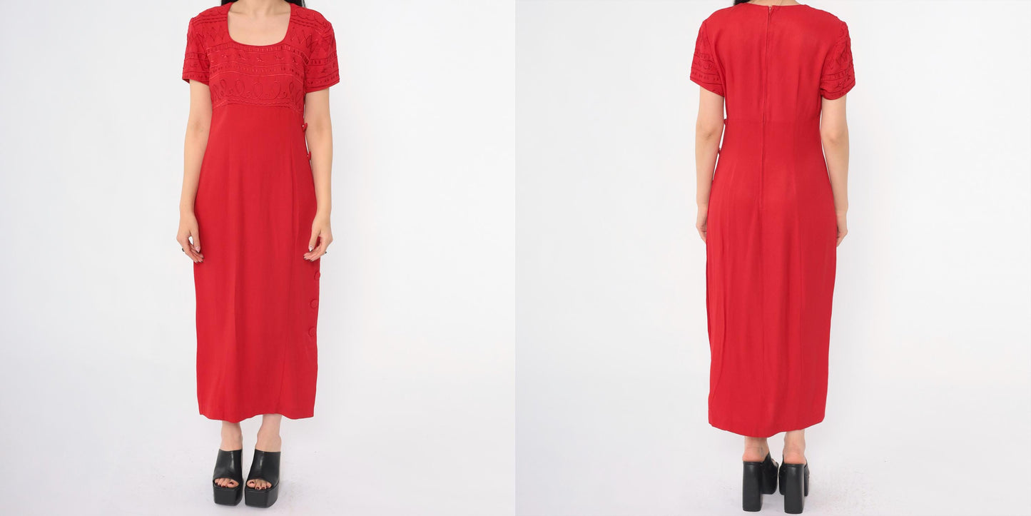 90s Jessica Howard Red Geometric Embroidered Midi Dress Empire Waist Small