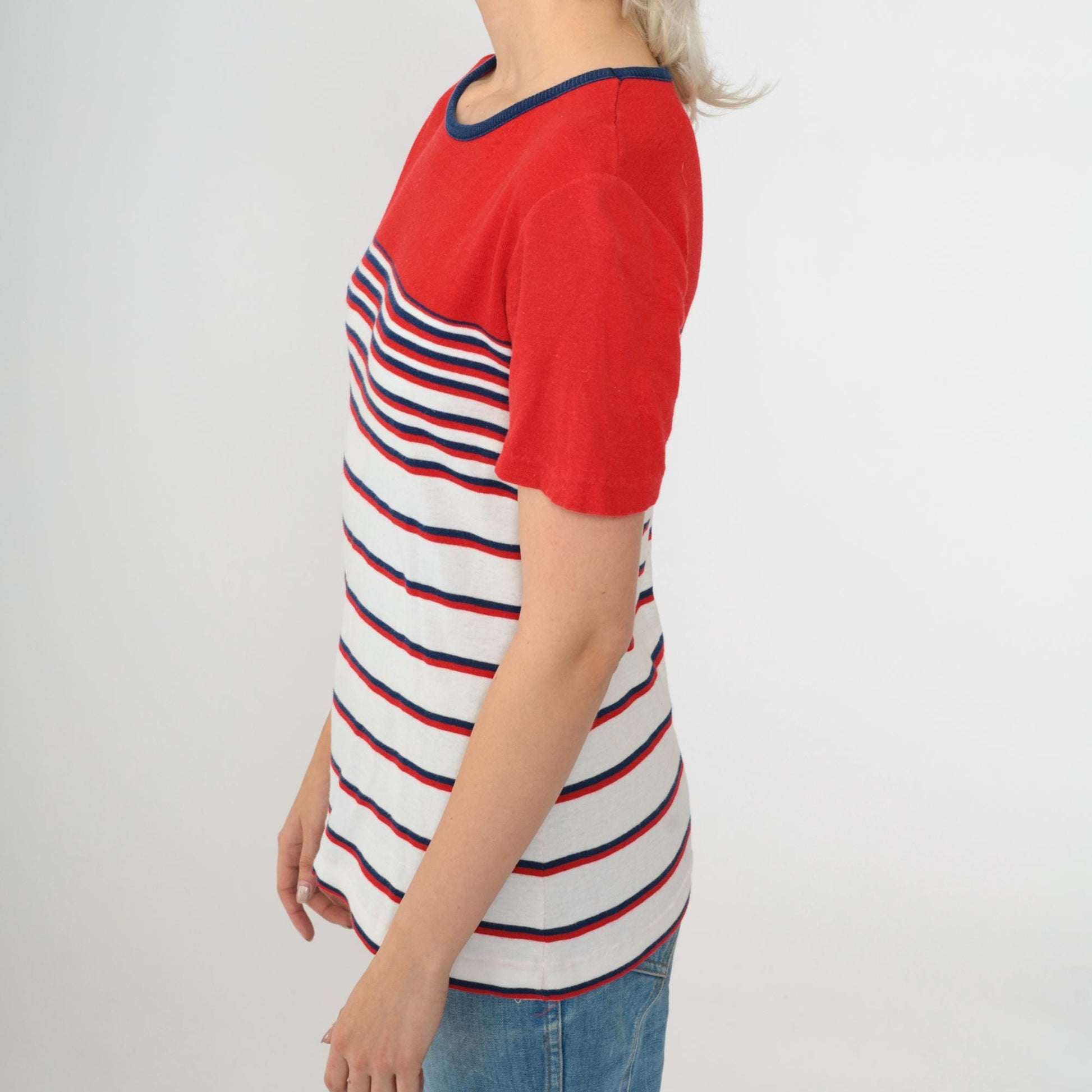 80s Aileen Striped Knit Top Red White Navy Ringer Neck Short Sleeve Medium M