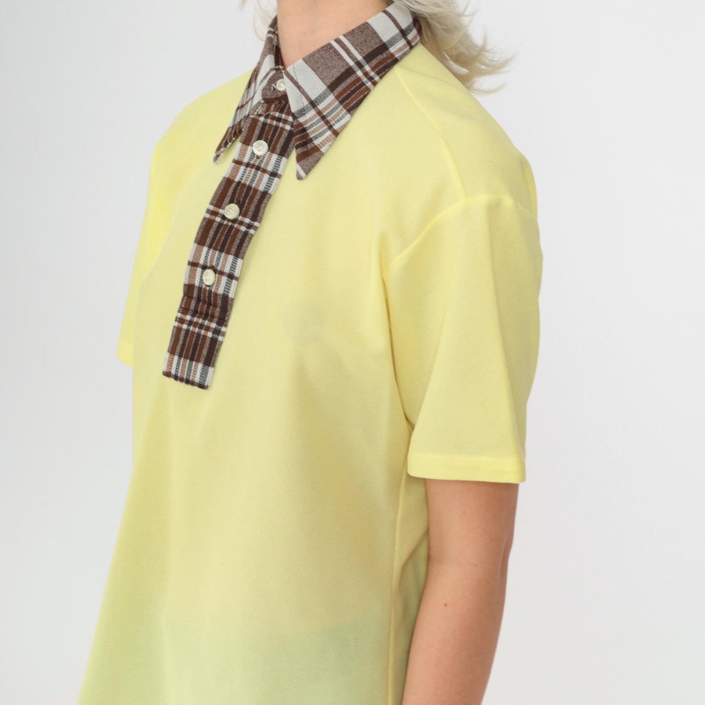 70s Yellow Polo Shirt Brown Checkered Collar Short Sleeve Medium