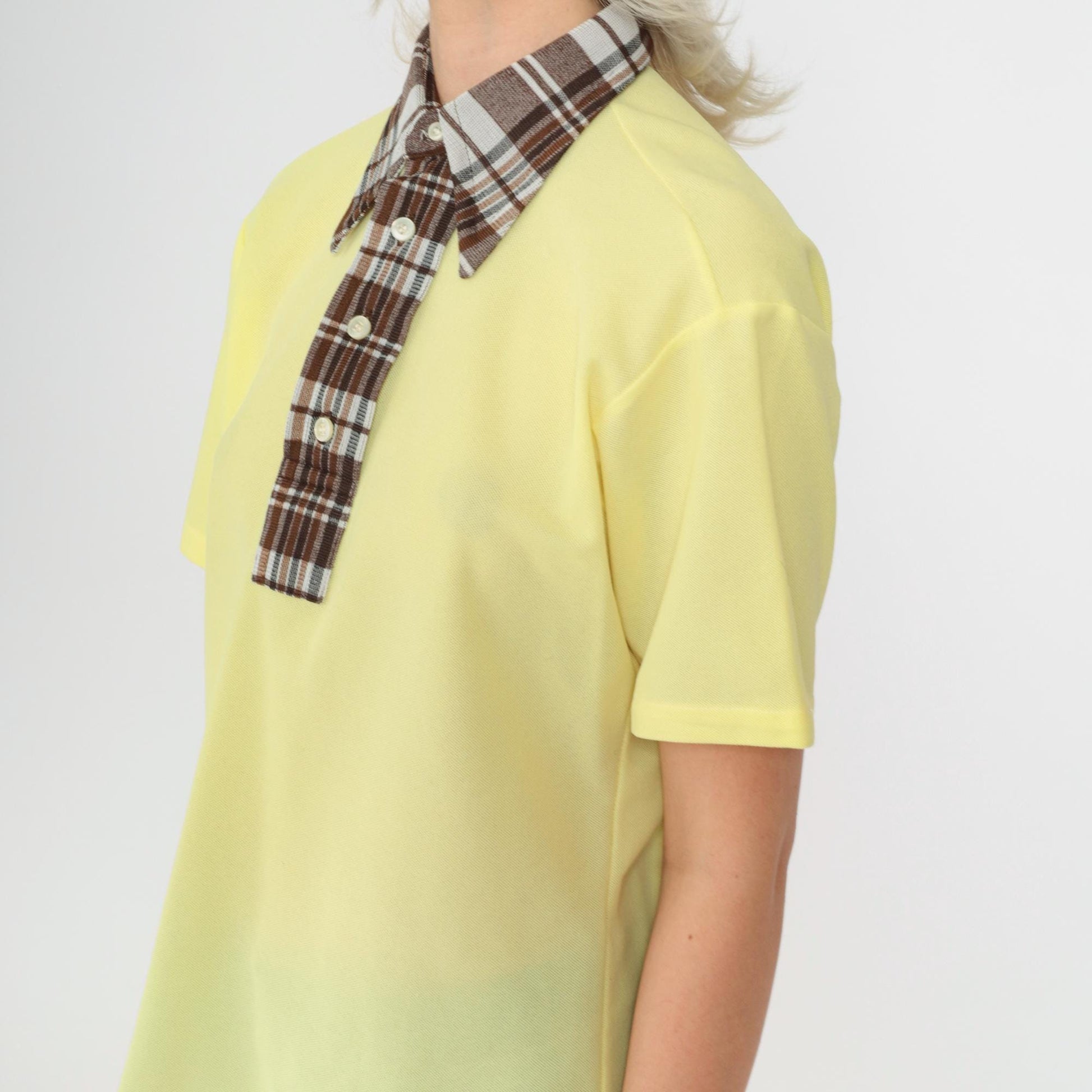 70s Yellow Polo Shirt Brown Checkered Collar Short Sleeve Medium