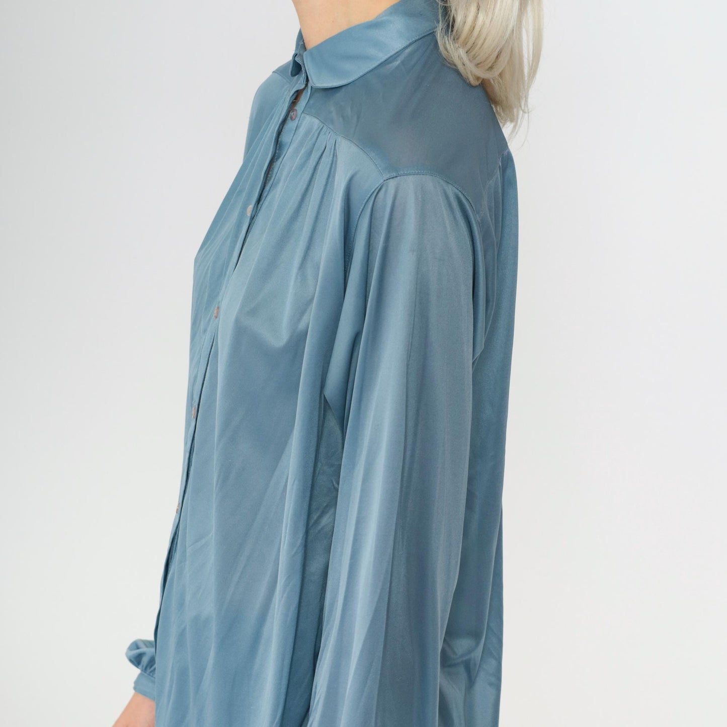 70s Blue Peter Pan Collar Button-Up Blouse Long Sleeve Large L