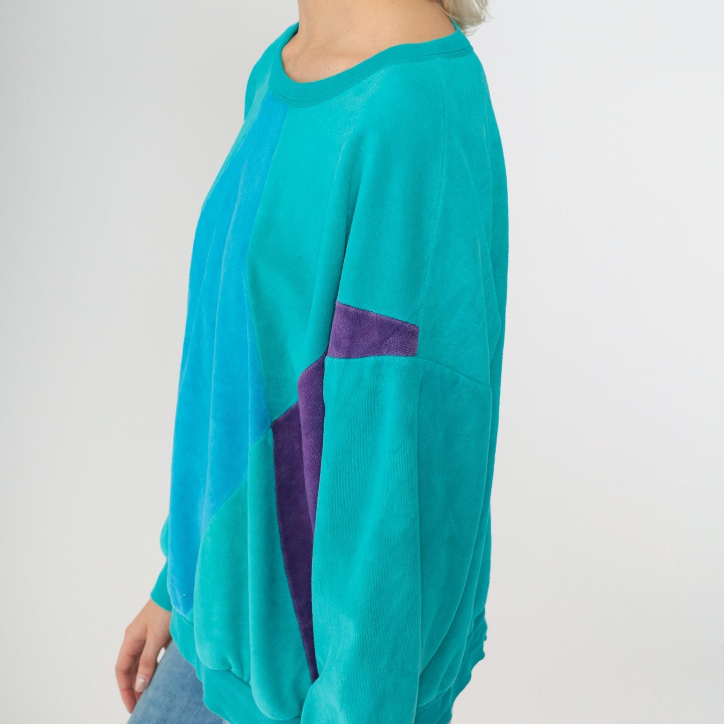 80s Turquoise Velour Sweatshirt Color Block Diamond Crewneck Large L