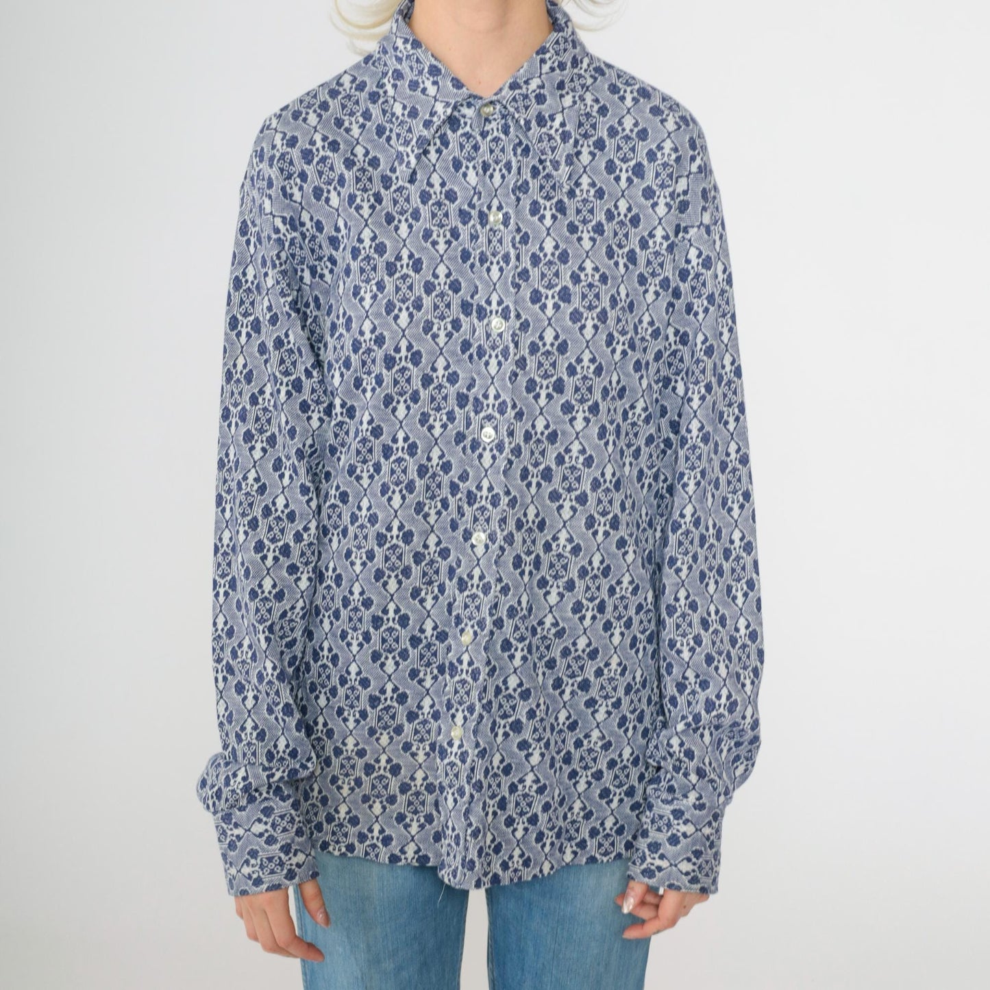 70s Van Heusen Jacquard Geometric Button Up Shirt Blue White Large
