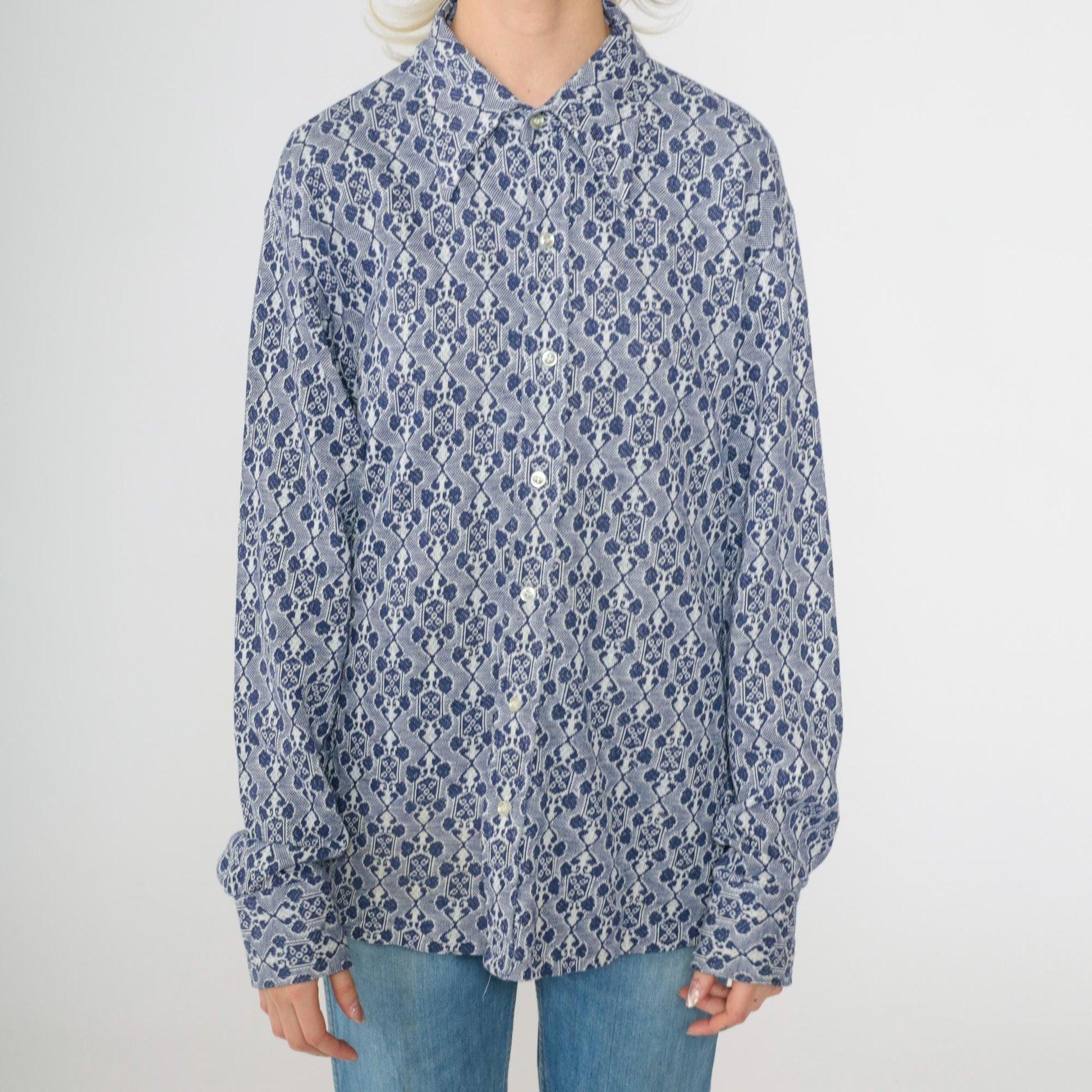 70s Van Heusen Jacquard Geometric Button Up Shirt Blue White Large