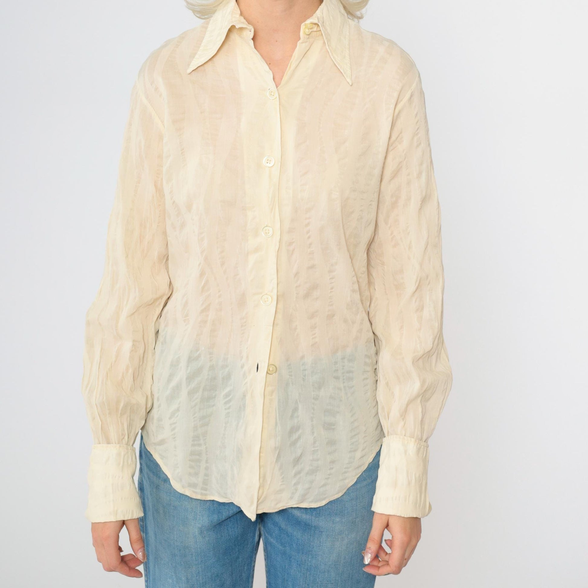 70s Morgan of London Cream Striped Dagger Collar Blouse Long Sleeve Small