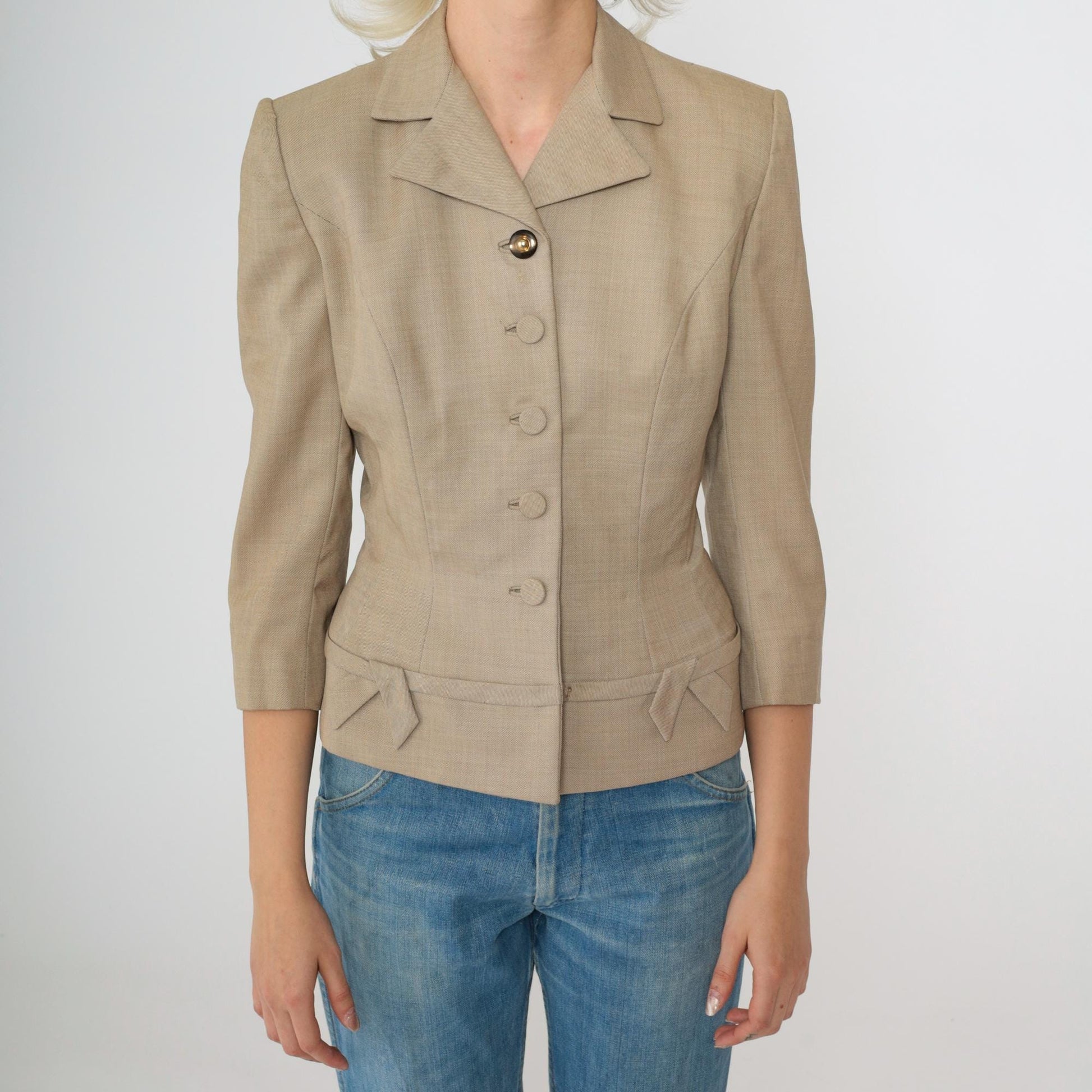 1950s Tan Wool Blend Fitted Blazer Cropped Waist 3/4 Sleeve Button Up Extra Small XS