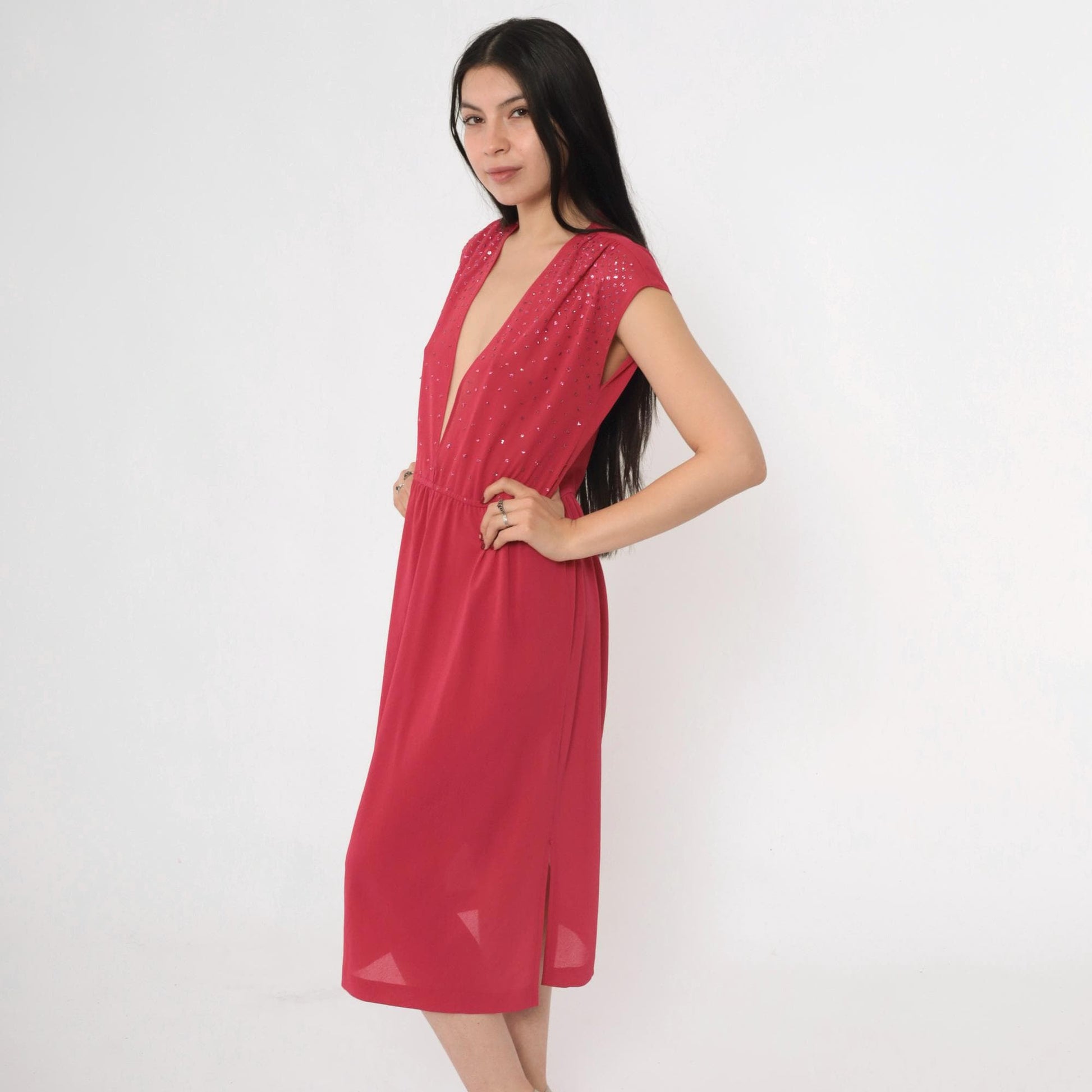 70s Raspberry Glitter Midi Dress Plunge V Neckline Cap Sleeve Small