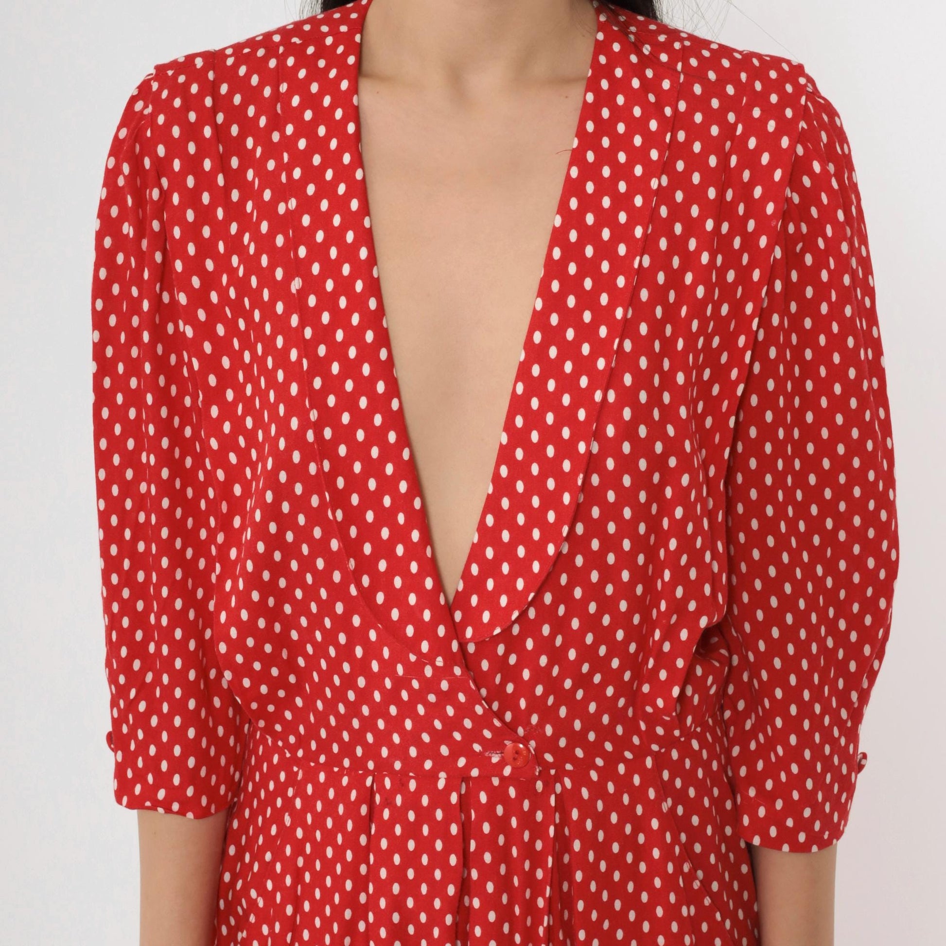 80s Red Polka Dot Midi Dress Deep V Puff Sleeve Pleated Small