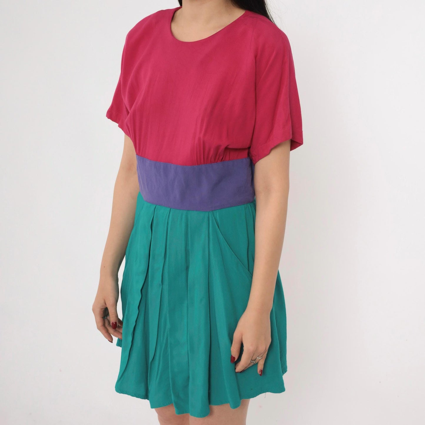 80s Steven Michaels Color Block Mini Dress Fuchsia Teal Purple High Waist Medium