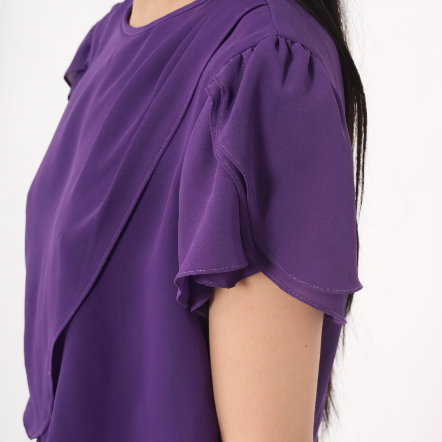 80s Purple Tulip Sleeve Dress Layered Bodice Knee Length Medium M