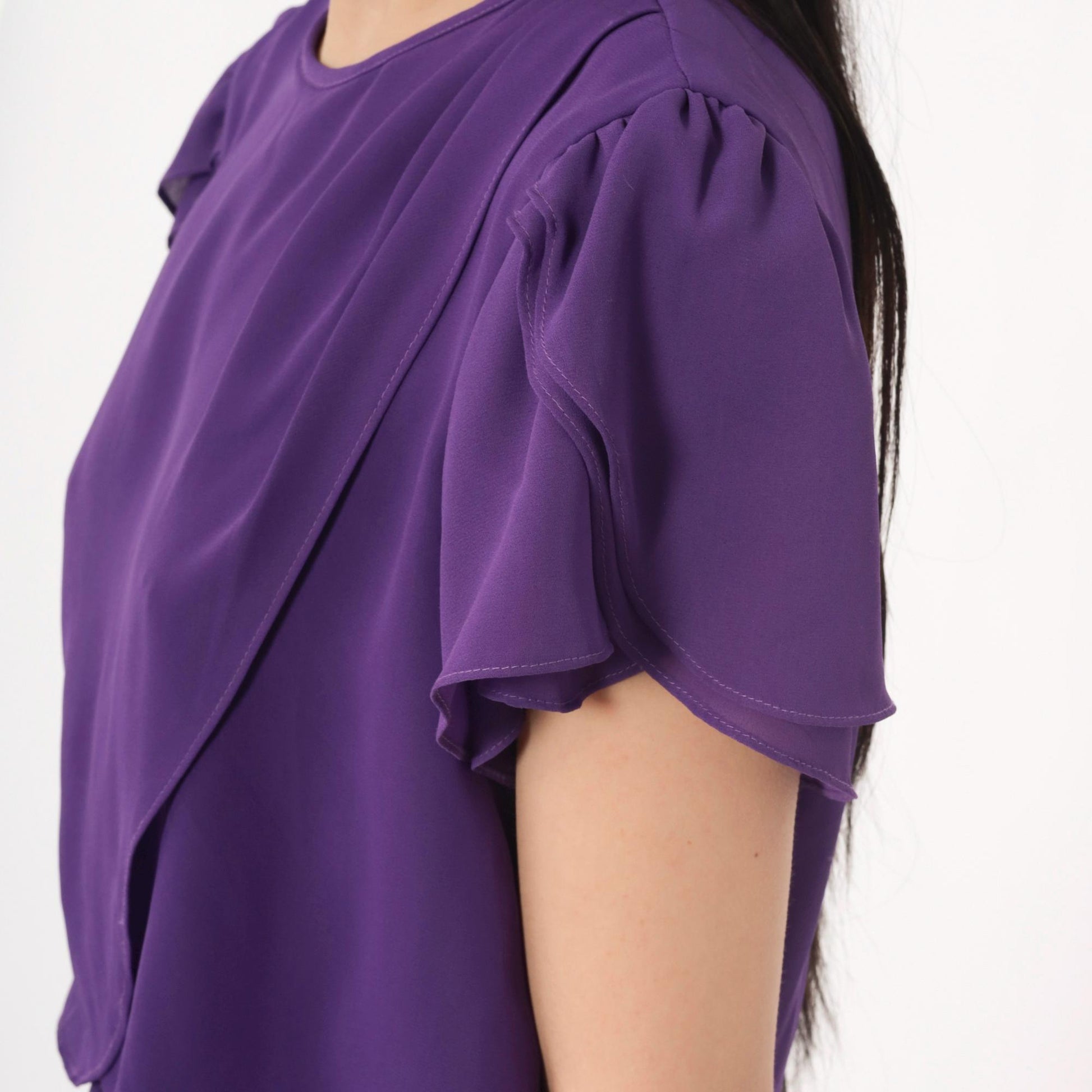 80s Purple Tulip Sleeve Dress Layered Bodice Knee Length Medium M
