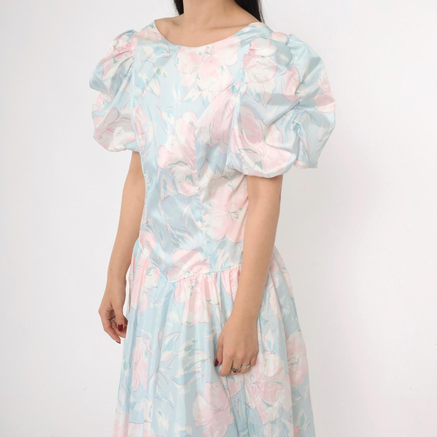 80s Pastel Floral Midi Dress Puff Sleeve Basque Waist Blue Pink Small