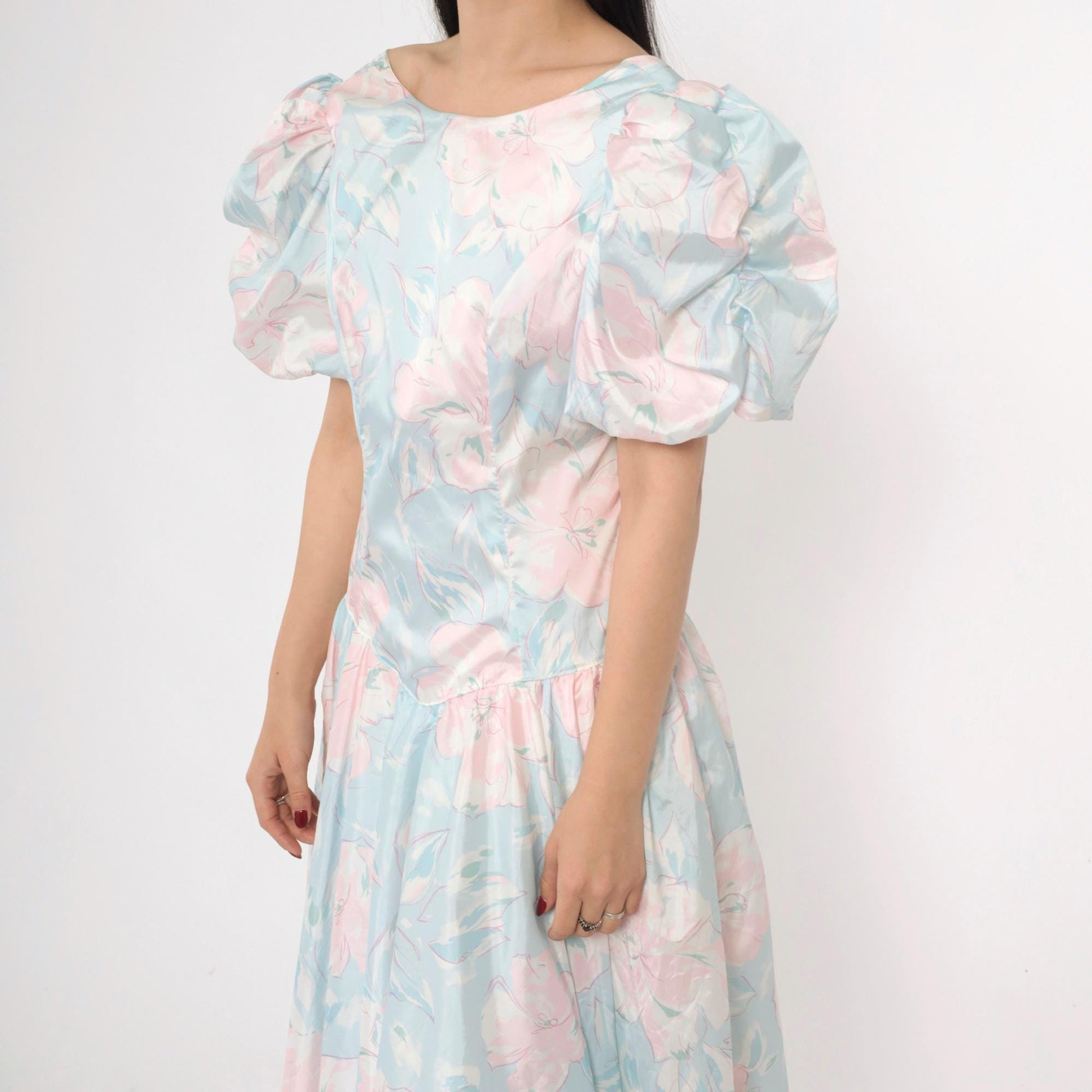 80s Pastel Floral Midi Dress Puff Sleeve Basque Waist Blue Pink Small