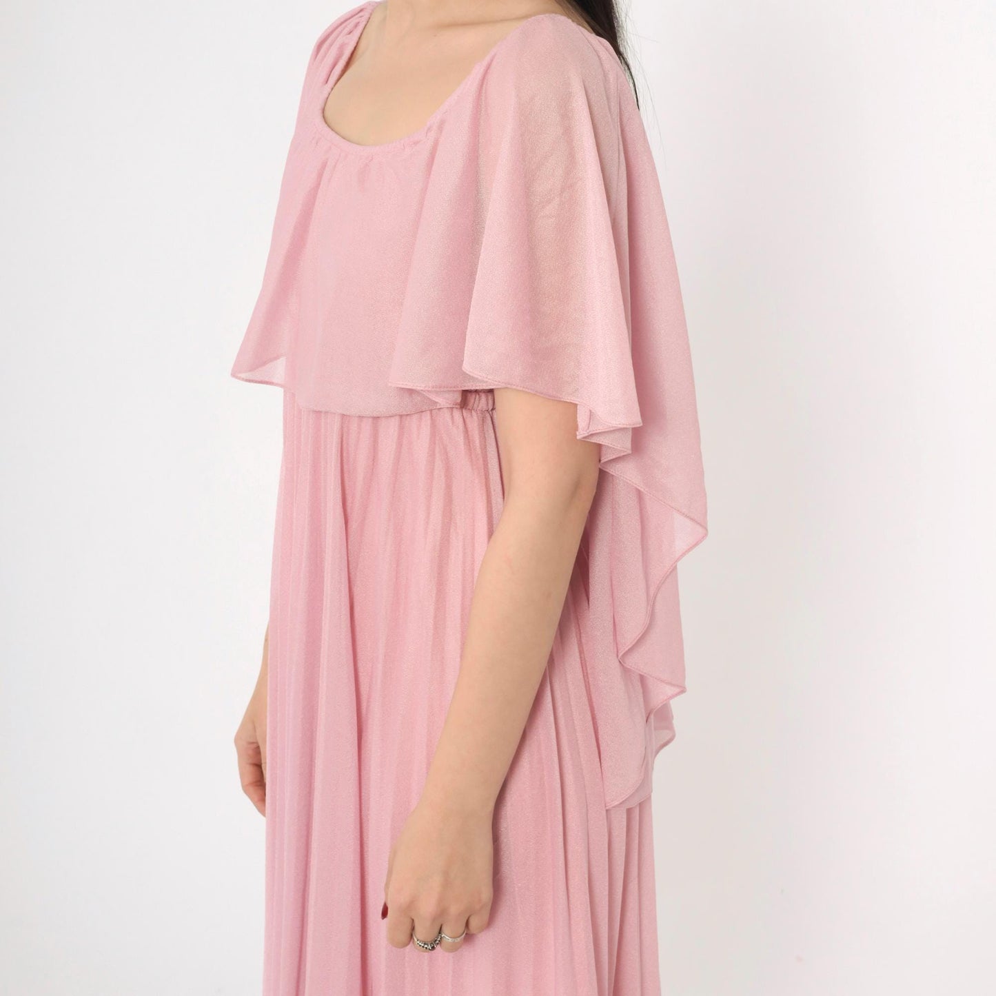 70s Pink Grecian Maxi Dress Capelet Flutter Sleeve High Waist Extra Small