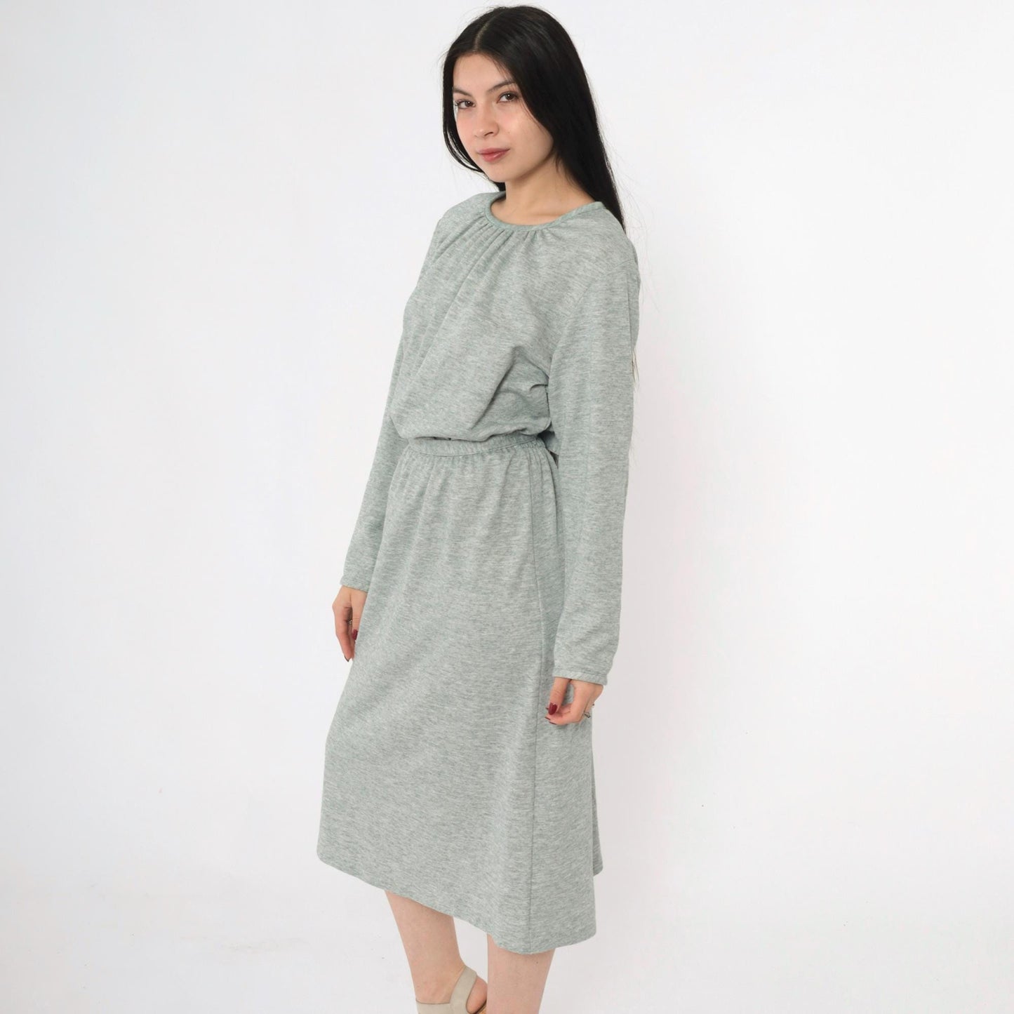 80s Heather Green Wool Blend Midi Dress High Waist Long Sleeve Belt Extra Large