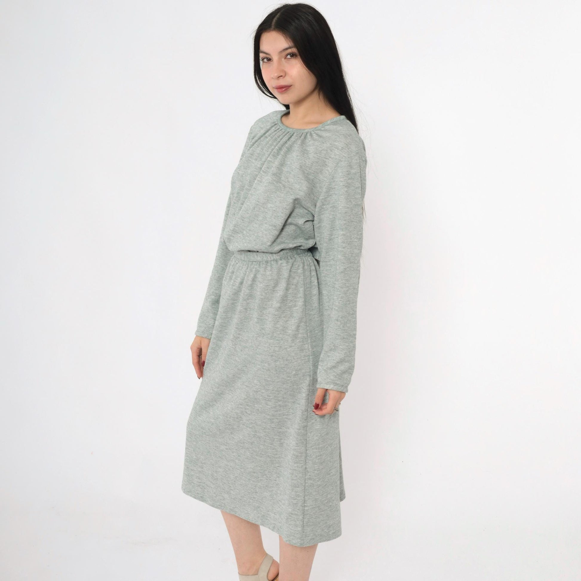 80s Heather Green Wool Blend Midi Dress High Waist Long Sleeve Belt Extra Large