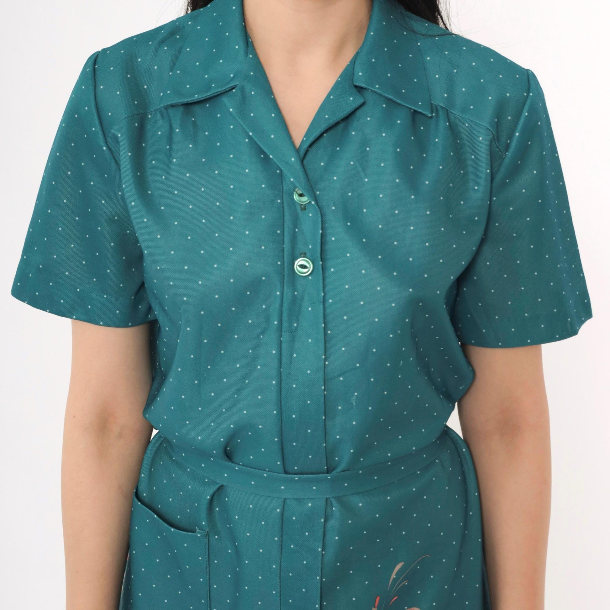70s Nancy Frock Floral Polka Dot Shift Dress Teal Midi Collared Medium