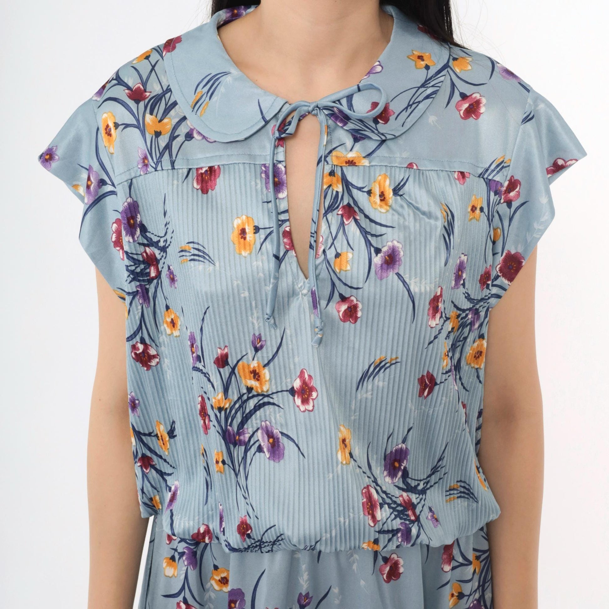 70s Blue Floral Midi Dress High Waist Peter Pan Collar Keyhole Cap Sleeve Extra Large